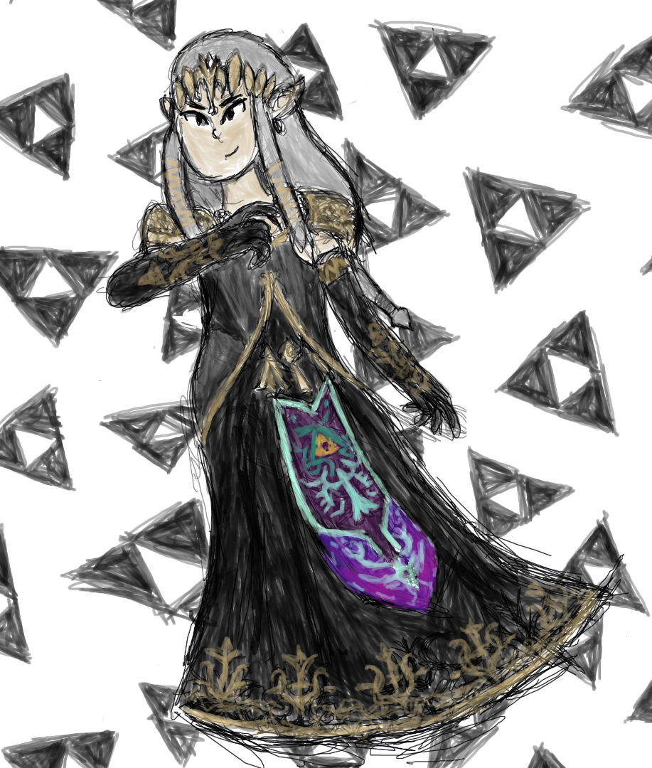 Illustration of a silver haired princess with a black dress embellished in gold and purple.